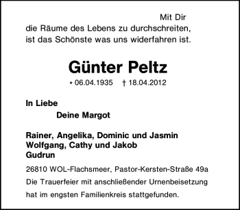 Traueranzeige von Günter Peltz von Tageszeitung