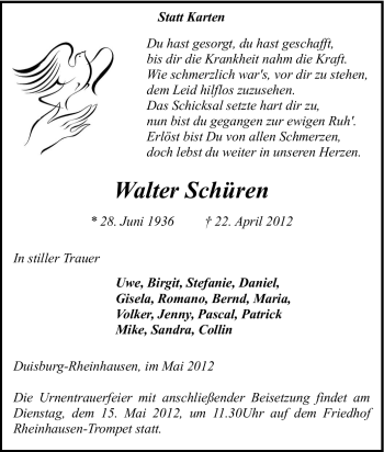 Traueranzeige von Walter Schüren von Tageszeitung