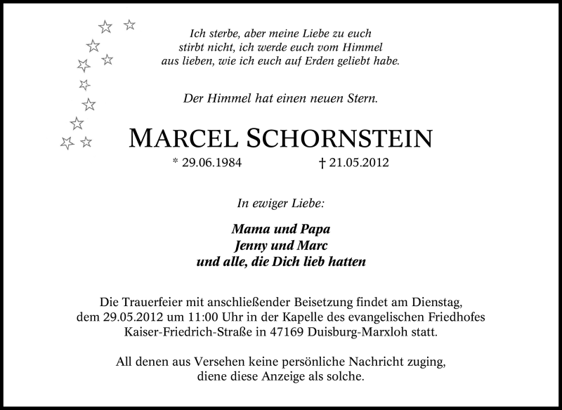  Traueranzeige für Marcel Schornstein vom 26.05.2012 aus Tageszeitung