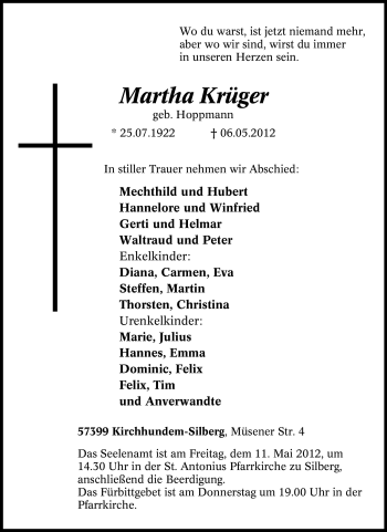 Traueranzeige von Martha Krüger von Tageszeitung