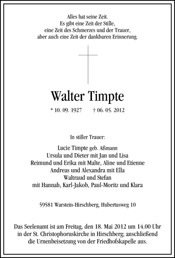 Traueranzeige von Walter Timpte von Tageszeitung