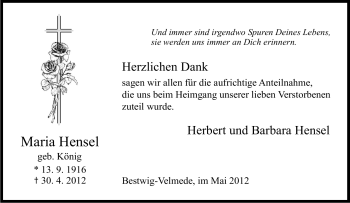 Traueranzeige von Maria Hensel von Tageszeitung