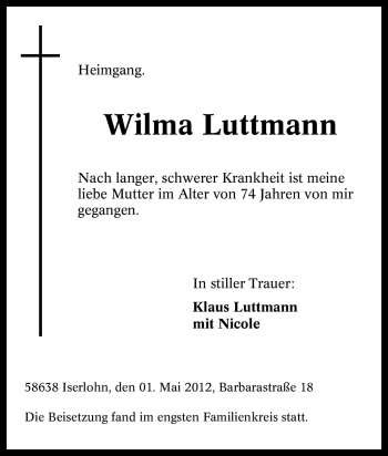 Traueranzeige von Wilma Luttmann von Tageszeitung