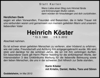 Traueranzeige von Heinrich Köster von Tageszeitung