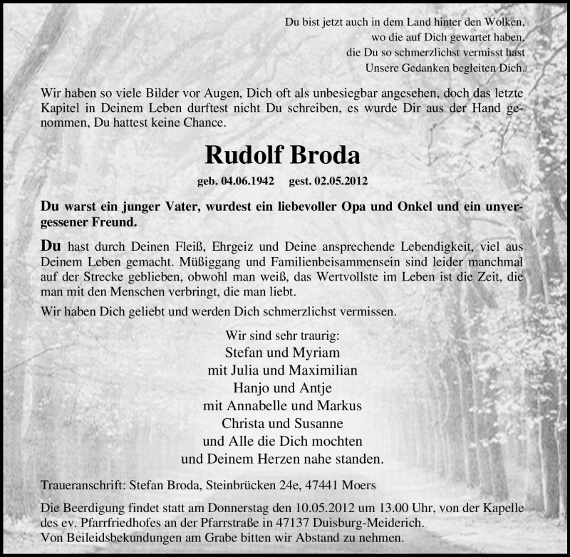  Traueranzeige für Rudolf Broda vom 05.05.2012 aus Tageszeitung