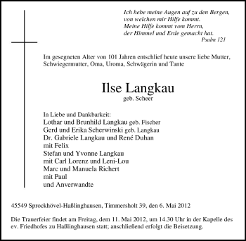 Traueranzeige von Ilse Langkau von Tageszeitung