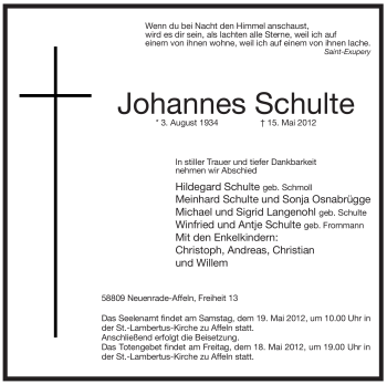 Traueranzeige von Johannes Schulte von Tageszeitung