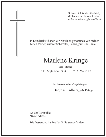 Traueranzeige von Marlene Kringe von Tageszeitung