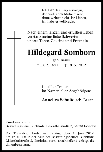 Traueranzeige von Hildegard Somborn von Tageszeitung