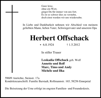 Traueranzeige von Herbert Offschack von Tageszeitung