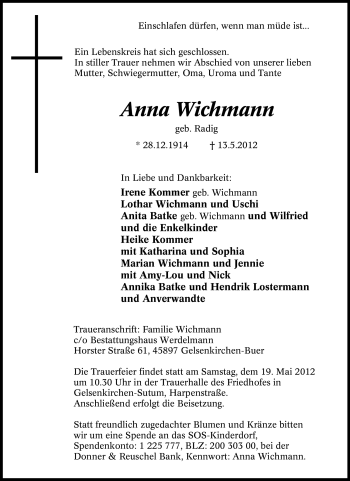 Traueranzeige von Anna Wichmann von Tageszeitung