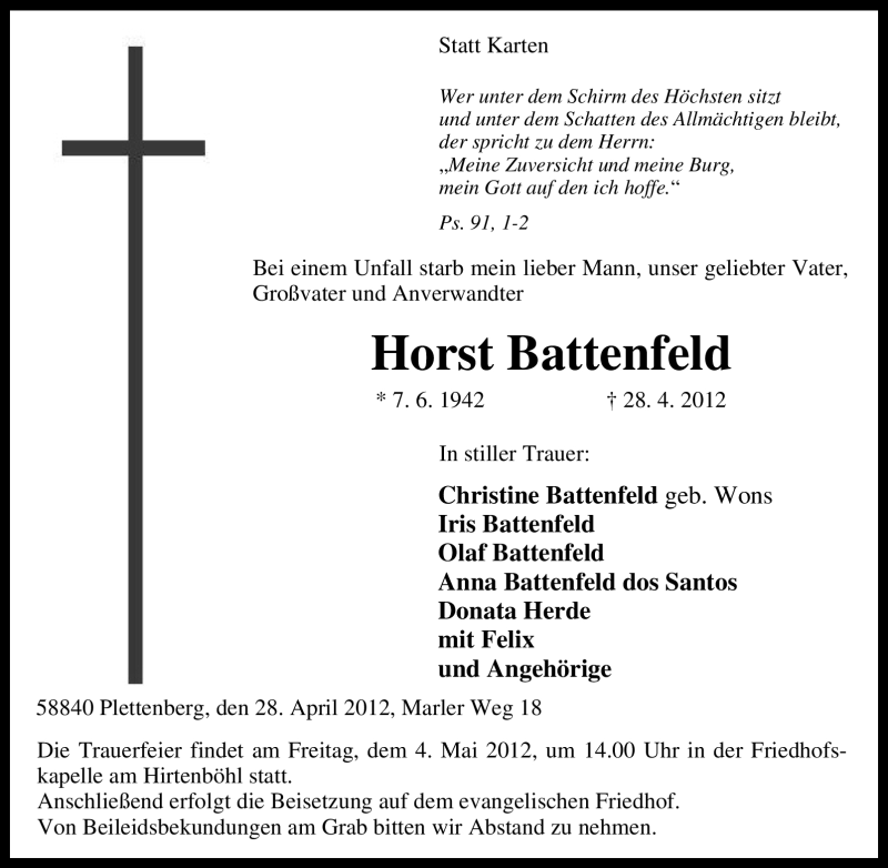  Traueranzeige für Horst Battenfeld vom 03.05.2012 aus Tageszeitung