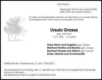 Traueranzeige von Ursula Grasse von Tageszeitung