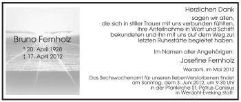 Traueranzeige von Bruno Fernholz von Tageszeitung