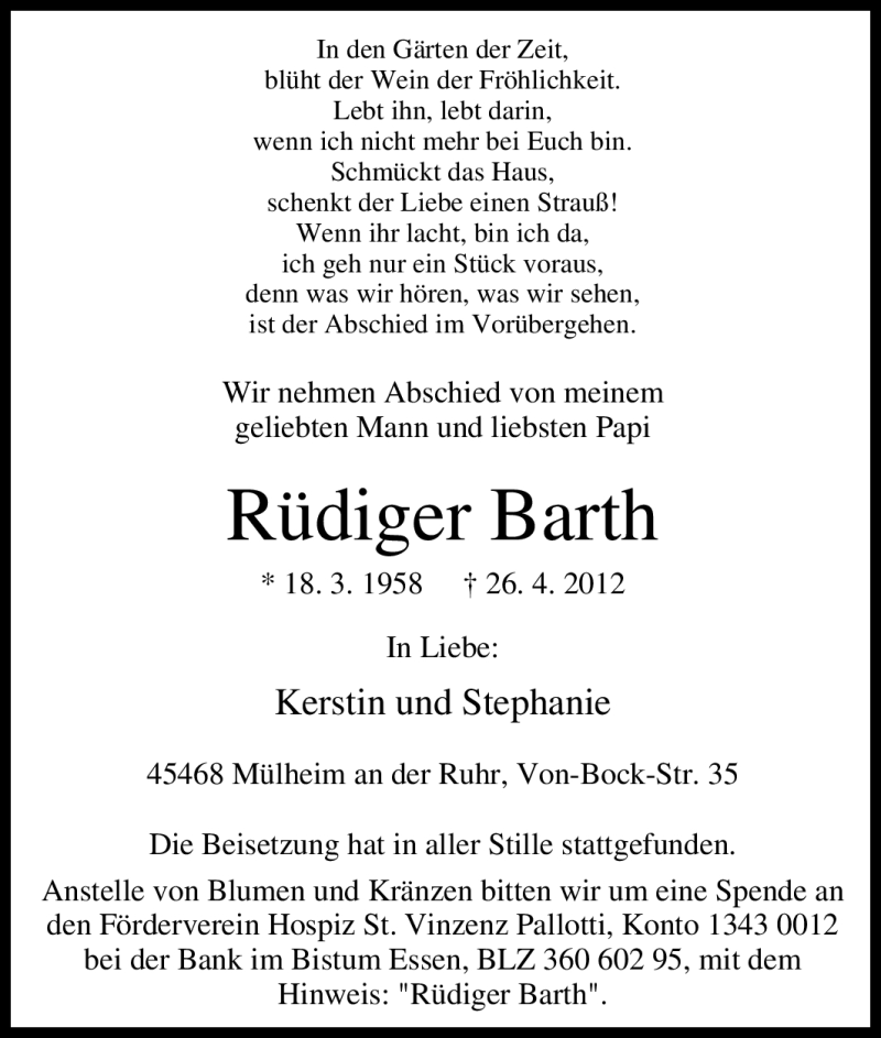  Traueranzeige für Rüdiger Barth vom 08.05.2012 aus Tageszeitung