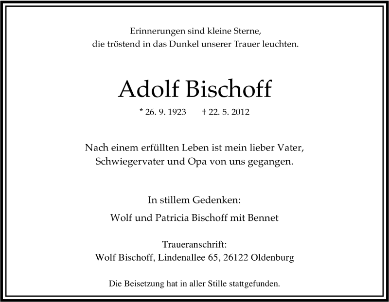  Traueranzeige für Adolf Bischoff vom 31.05.2012 aus Tageszeitung