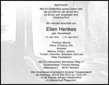 Traueranzeige von Ellen Henkes von Tageszeitung
