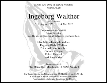 Traueranzeige von Ingeborg Walther von Tageszeitung