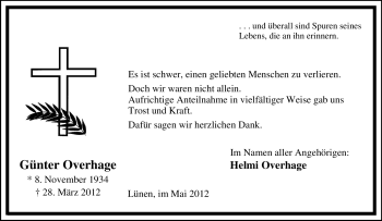 Traueranzeige von Günter Overhage von Tageszeitung
