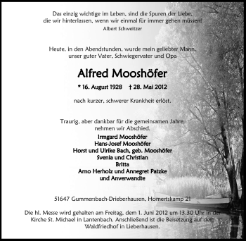 Traueranzeige von Alfred Mooshöfer von Tageszeitung