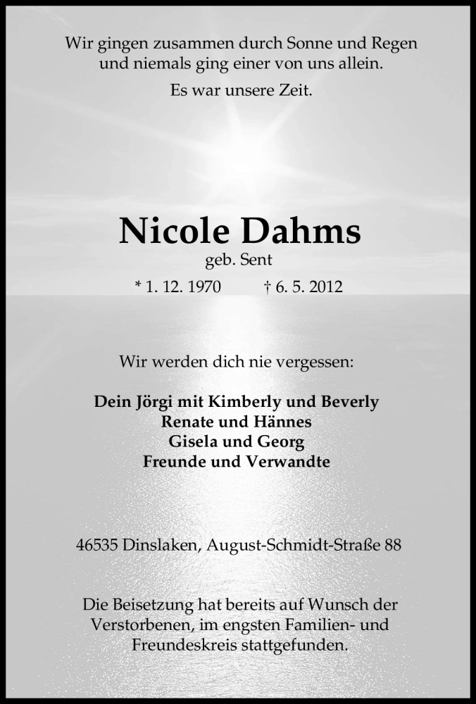 Traueranzeige für Nicole Dahms vom 19.05.2012 aus Tageszeitung