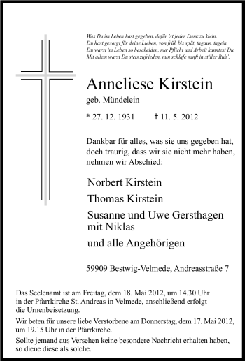Traueranzeige von Anneliese Kirstein von Tageszeitung