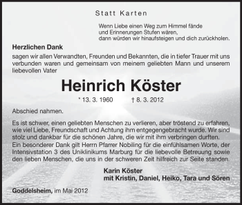 Traueranzeige von Heinrich Köster von Tageszeitung
