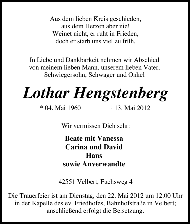  Traueranzeige für Lothar Hengstenberg vom 16.05.2012 aus Tageszeitung