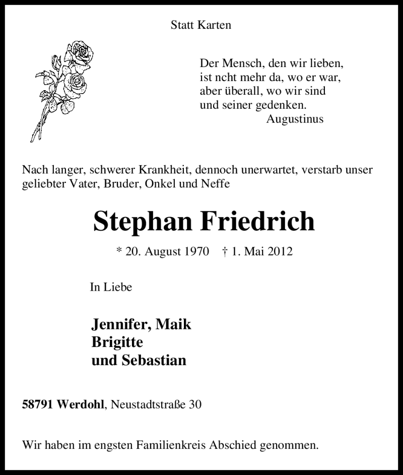  Traueranzeige für Stephan Friedrich vom 05.05.2012 aus Tageszeitung