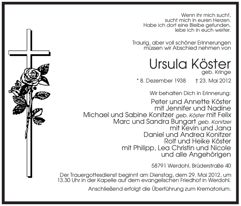  Traueranzeige für Ursula Köster vom 26.05.2012 aus Tageszeitung