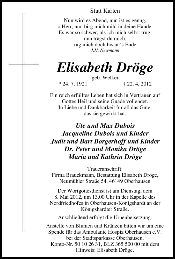  Traueranzeige für Elisabeth Dröge vom 05.05.2012 aus Tageszeitung