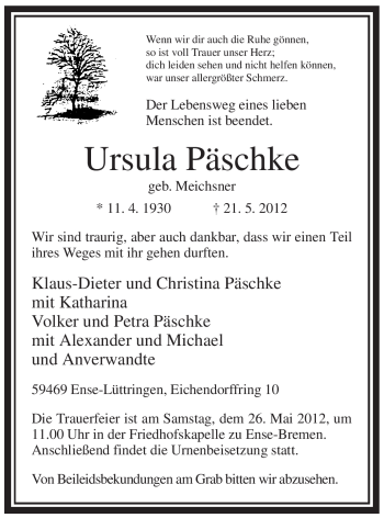 Traueranzeige von Ursula Päschke von Tageszeitung