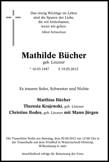 Traueranzeige von Mathilde Bücher von Tageszeitung