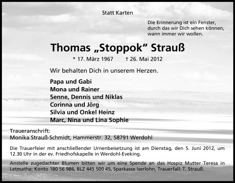  Traueranzeige für Thomas Strauß vom 31.05.2012 aus Tageszeitung