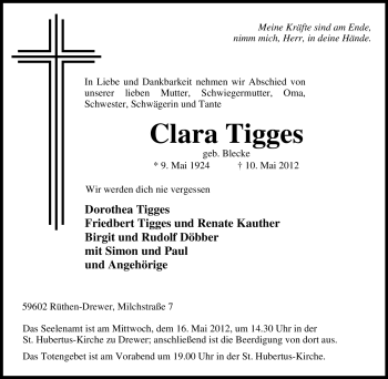 Traueranzeige von Clara Tigges von Tageszeitung