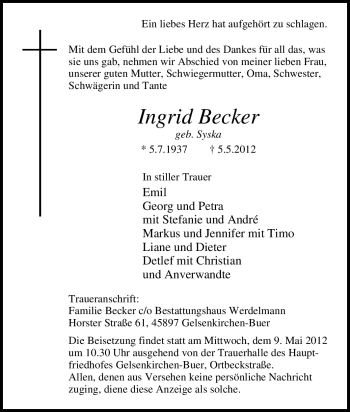 Traueranzeige von Ingrid Becker von Tageszeitung