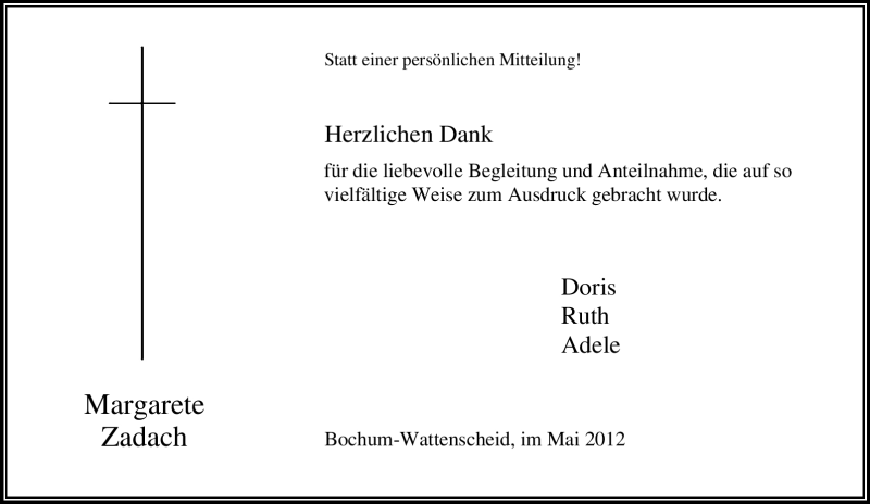  Traueranzeige für Margarete Zadach vom 19.05.2012 aus Tageszeitung