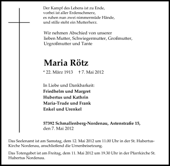 Traueranzeige von Maria Rötz von Tageszeitung