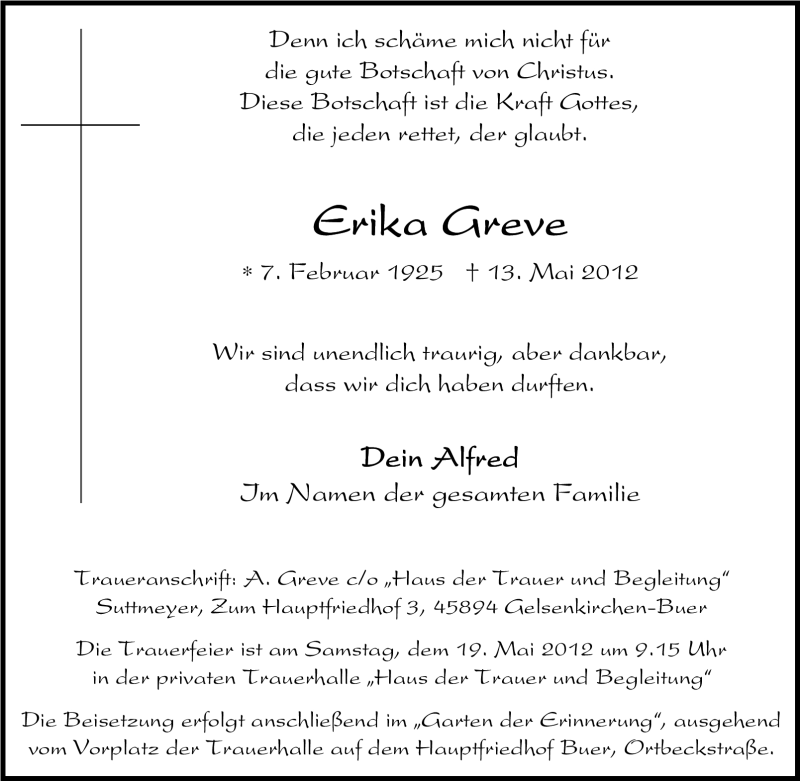  Traueranzeige für Erika Greve vom 16.05.2012 aus Tageszeitung