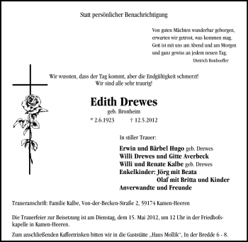 Traueranzeige von Edith Drewes von Tageszeitung