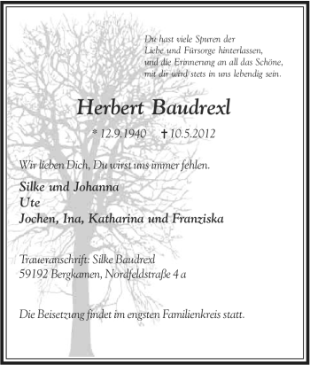 Traueranzeige von Herbert Baudrexl von Tageszeitung
