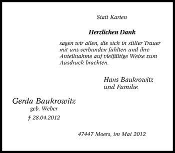 Traueranzeige von Gerda Baukrowitz von Tageszeitung