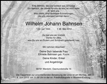 Traueranzeige von Wilhelm Johann Bahnsen von Tageszeitung