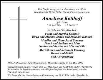Traueranzeige von Anneliese Kotthoff von Tageszeitung