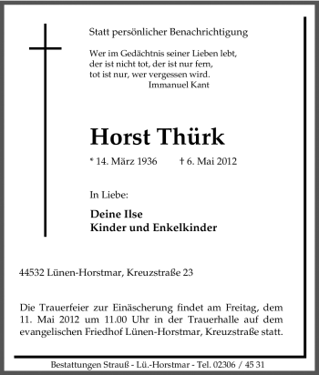 Traueranzeige von Horst Thürk von Tageszeitung