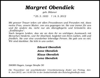 Traueranzeige von Margret Obendiek von Tageszeitung