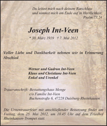 Traueranzeige von Joseph Int-Veen von Tageszeitung