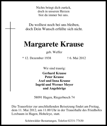 Traueranzeige von Margarete Krause von Tageszeitung