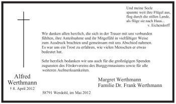 Traueranzeige von Alfred Werthmann von Tageszeitung