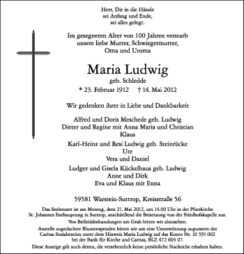 Traueranzeige von Maria Ludwig von Tageszeitung